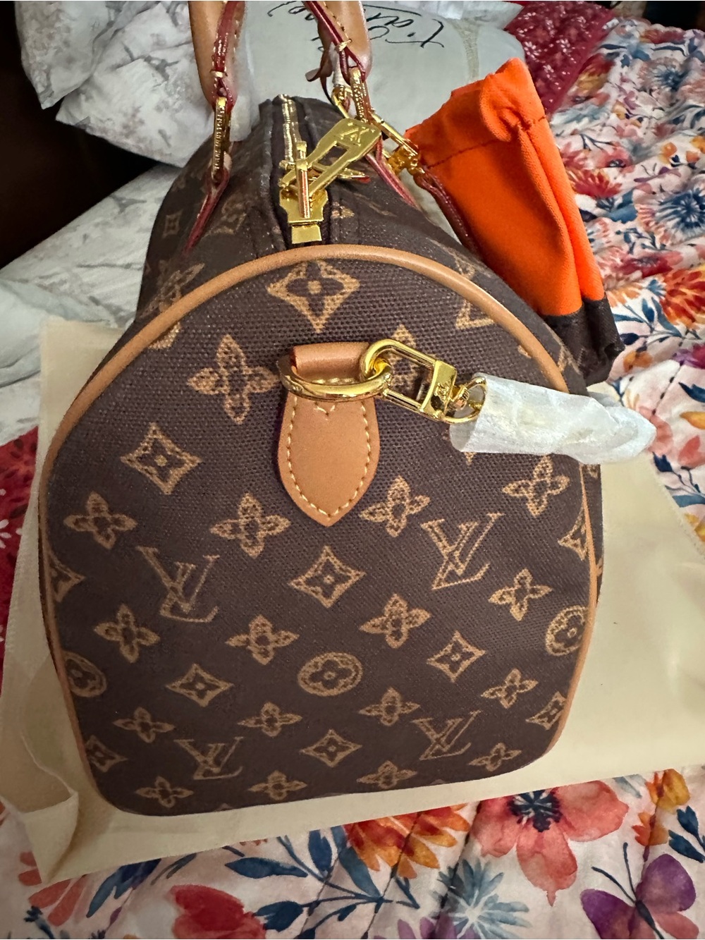 Monogram Satchel Exterior Pocket and Pink Tag - Picture 4 of 9